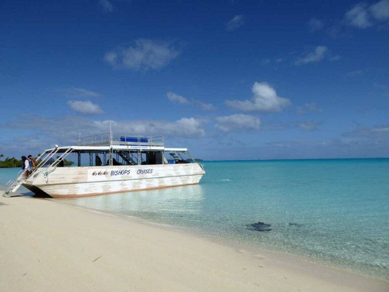 The Bishop's Cruises boat at One Foot Island, Aitutaki.