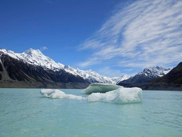 Aoraki/ Mt Cook from Tasman Lake, New Zealand.