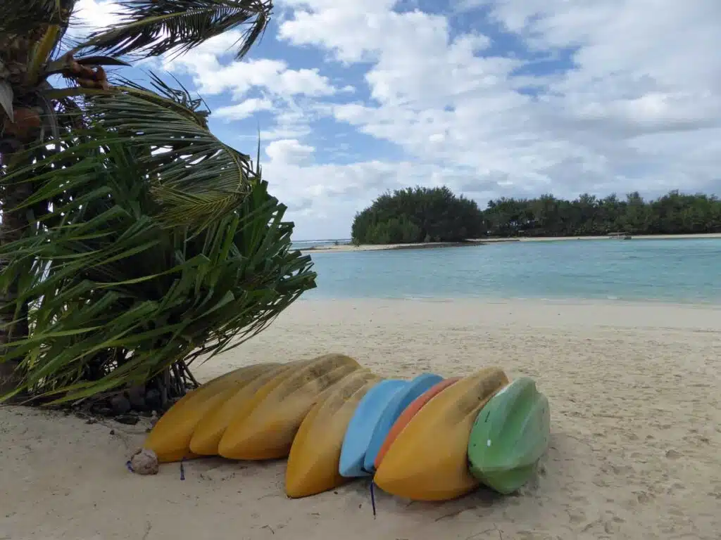 Kayaks lined up by the Muri Lagoon, Rarotonga.