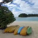 Kayaks lined up by the Muri Lagoon, Rarotonga.