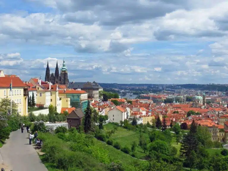 A hilltop view of Prague, Czechia.