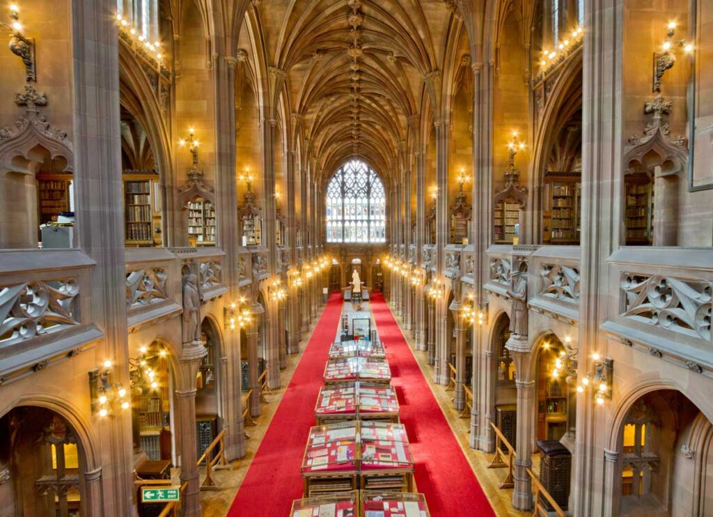 Inside the John Rylands Library, Manchester.