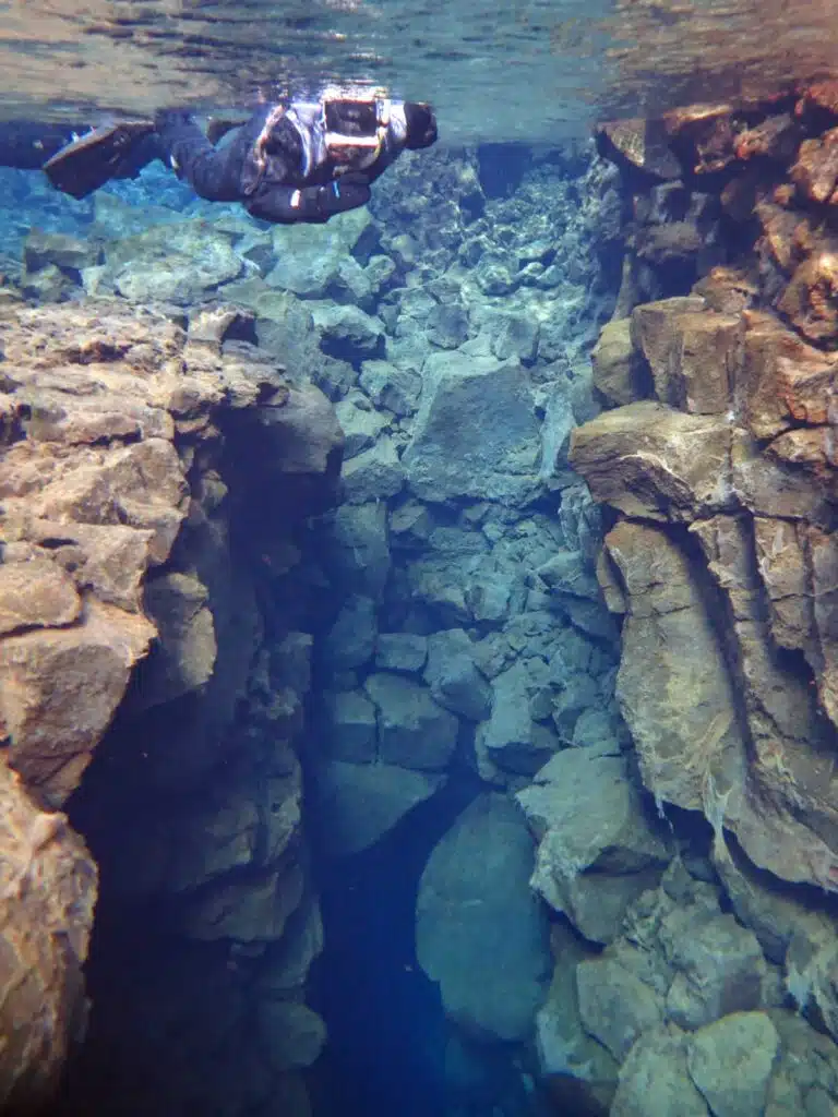 Snorkelling in the Silfra Fissure, Iceland.