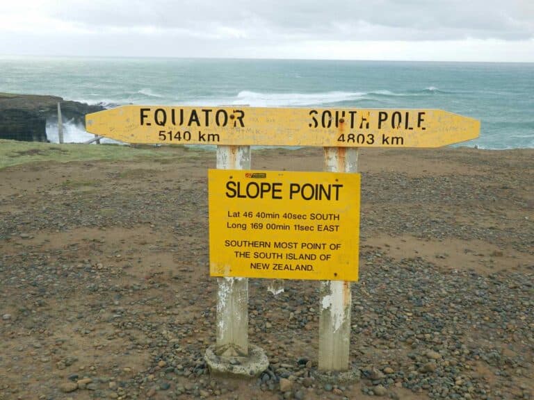 Sign at Slope Point on New Zealand's Catlins Coast.