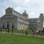 The Leaning Tower of Pisa, seen from behind the Cathedral.