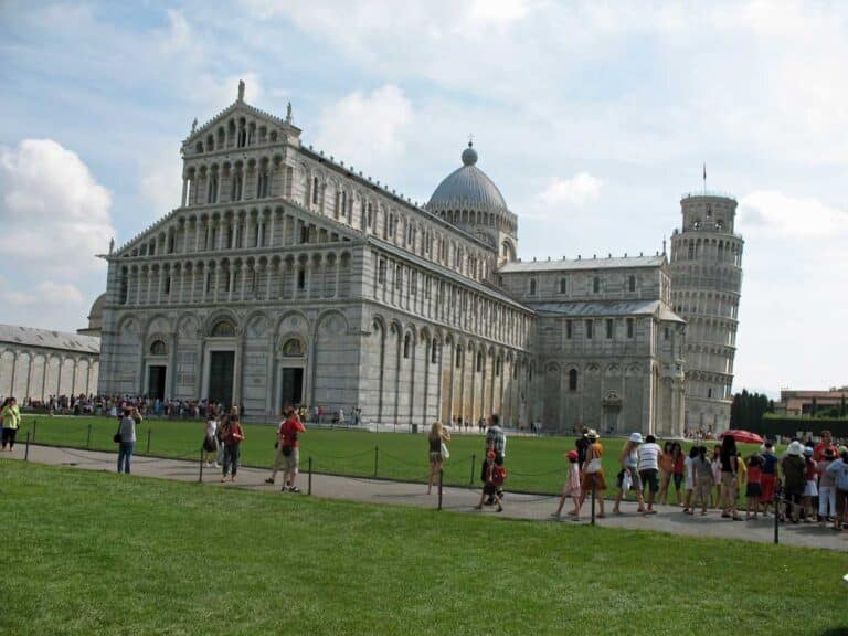 The Leaning Tower of Pisa, seen from behind the Cathedral.