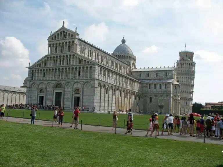 The Leaning Tower of Pisa, seen from behind the Cathedral.