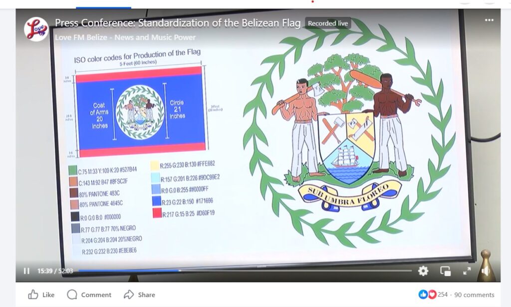 Screenshot showing ISO colours of Belize flag, taken from video of the press conference announcing the standardisation of the Belize flag.