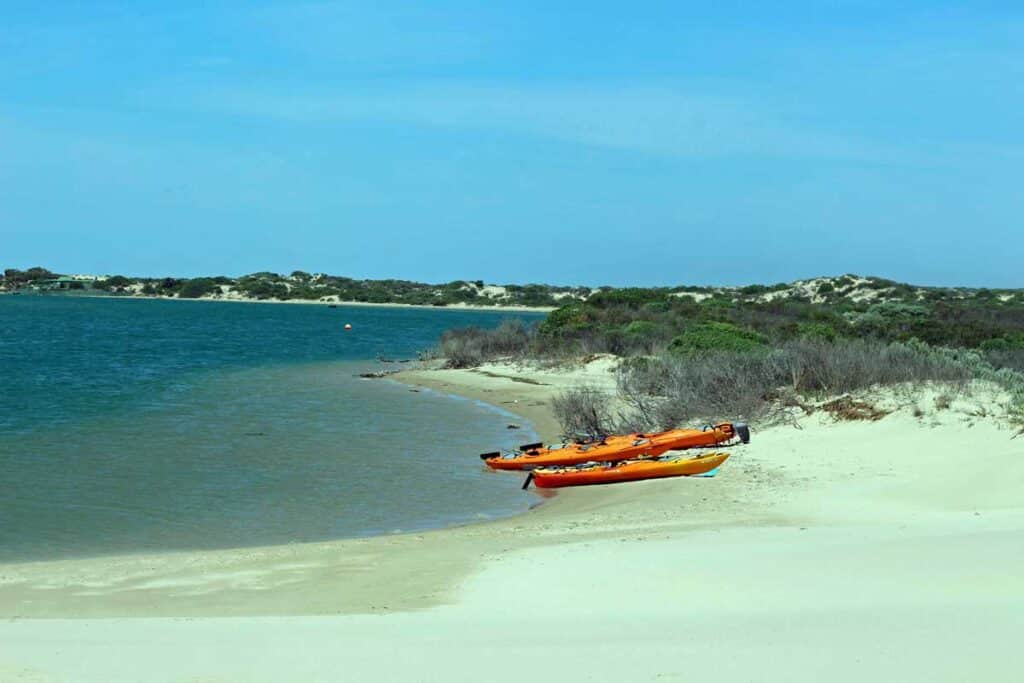 Kayaks temporarily left on a Coorong sand bar.
