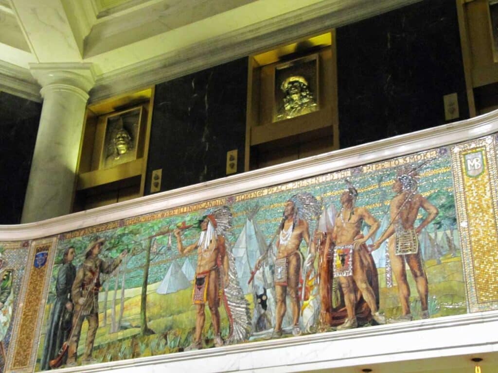 The Tiffany glass mosaics inside the Marquette Building, Chicago.