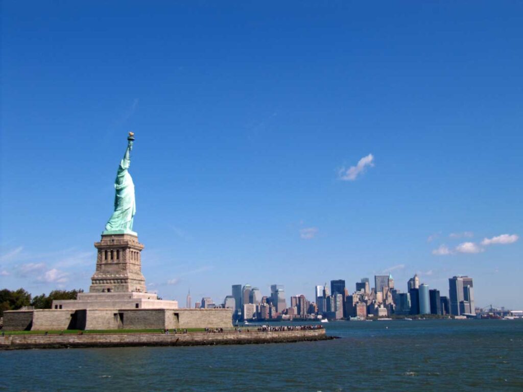 The Statue of Liberty and New York City.
