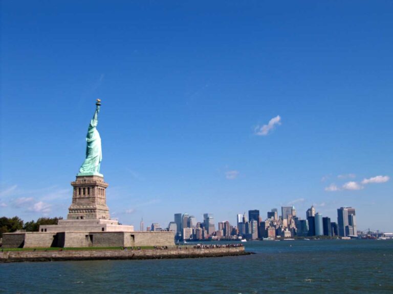 The Statue of Liberty and New York City.