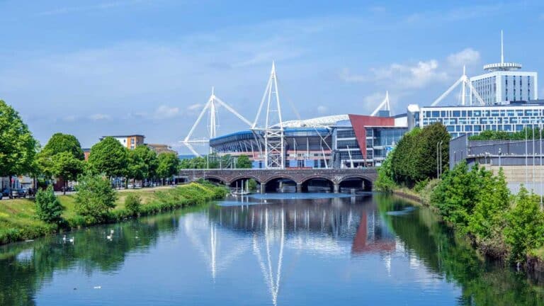 The Principality Stadium and River Taff in Cardiff.