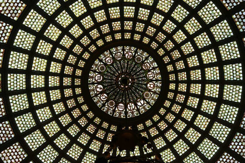 The Tiffany glass dome inside the Chicago Cultural Center's Preston Bradley Hall.
