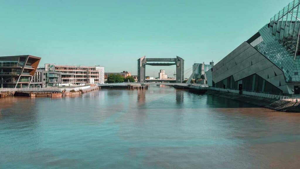 The tidal surge barrier and The Deep on the River Hull as it enters the Humber estuary.
