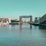 The tidal surge barrier and The Deep on the River Hull as it enters the Humber estuary.