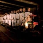 Entering the underground salt mine on a miniature train at Salzwelten near Salzburg.