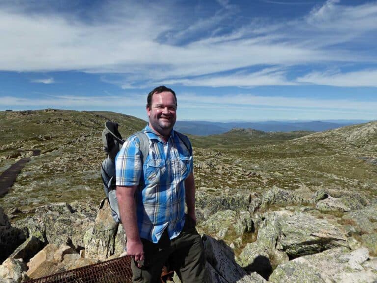 Writer David Whitley on top of Mt Kosciuszko, New South Wales.