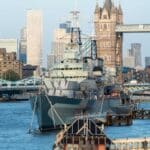 HMS Belfast on the River Thames in London.