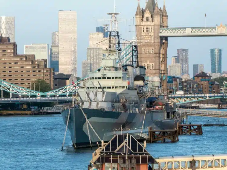HMS Belfast on the River Thames in London.
