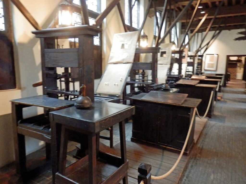 Centuries-old printing presses at the Plantin-Moretus Museum in Antwerp, Belgium.