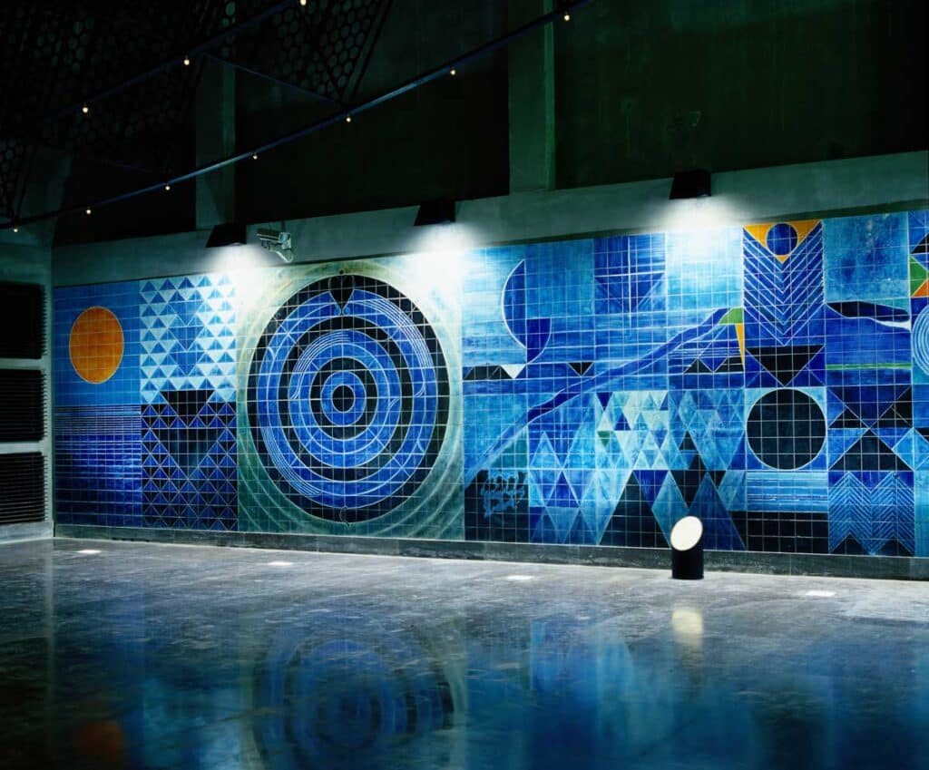 Azulejo tile art at Oriente station in Lisbon, Portugal.