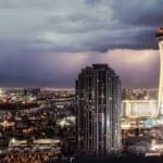The Strat Tower towers above the Las Vegas Strip.