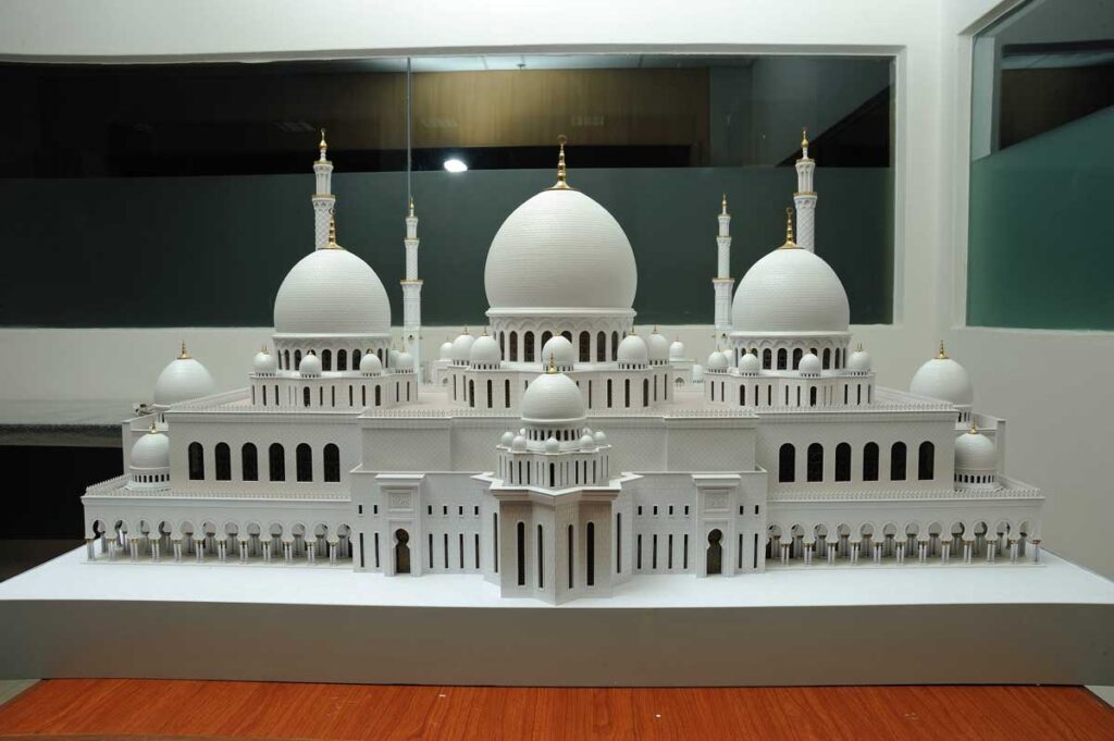 A model of the Sheikh Zayed Mosque in Abu Dhabi, on display in the Architecture Gallery of the Islamic Arts Museum Malaysia in Kuala Lumpur.
