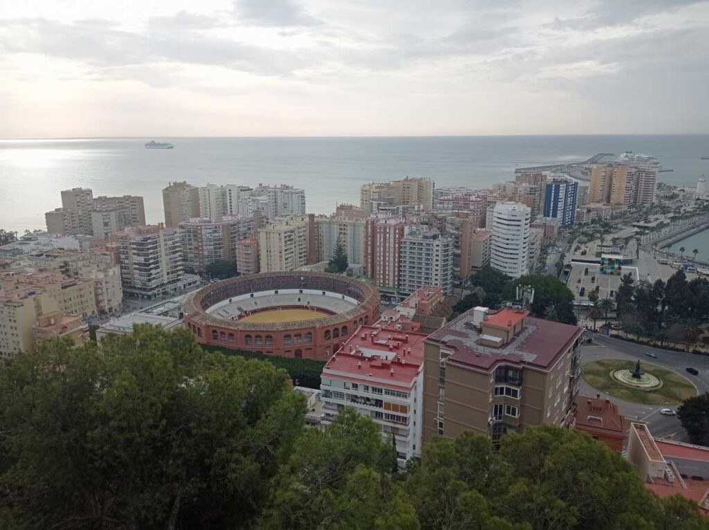 The view out over the bullring from Gibralfaro Castle in Malaga, Andalucia, Spain.