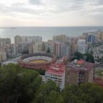 The view out over the bullring from Gibralfaro Castle in Malaga, Andalucia, Spain.