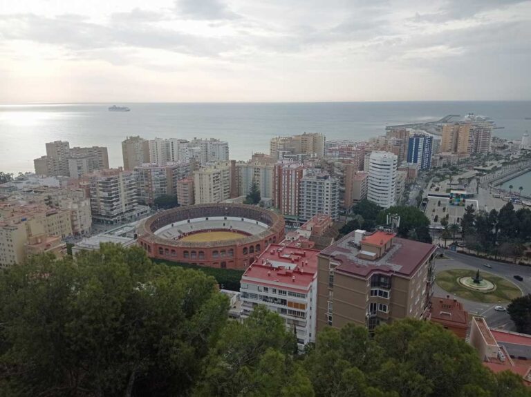 The view out over the bullring from Gibralfaro Castle in Malaga, Andalucia, Spain.