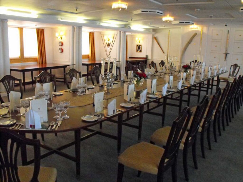 The dining room inside the Royal Yacht Britannia, Edinburgh.