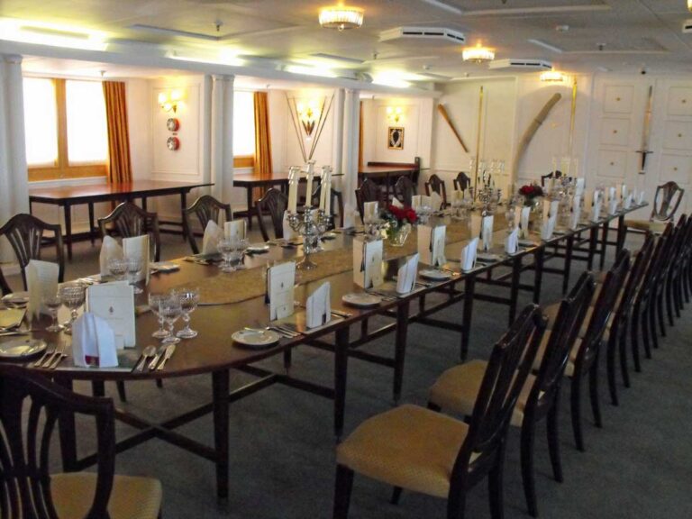 The dining room inside the Royal Yacht Britannia, Edinburgh.