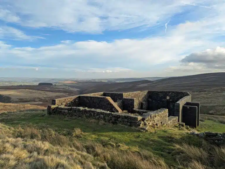 The ruins of the Top Withens farmhouse on Haworth Moor, West Yorkshire.
