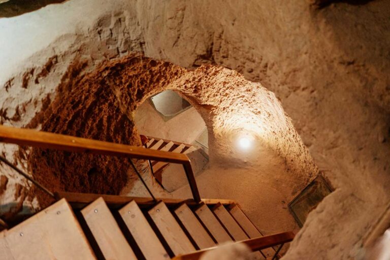 Steep staircase at Derinkuyu Underground City in Cappadocia, Turkey.