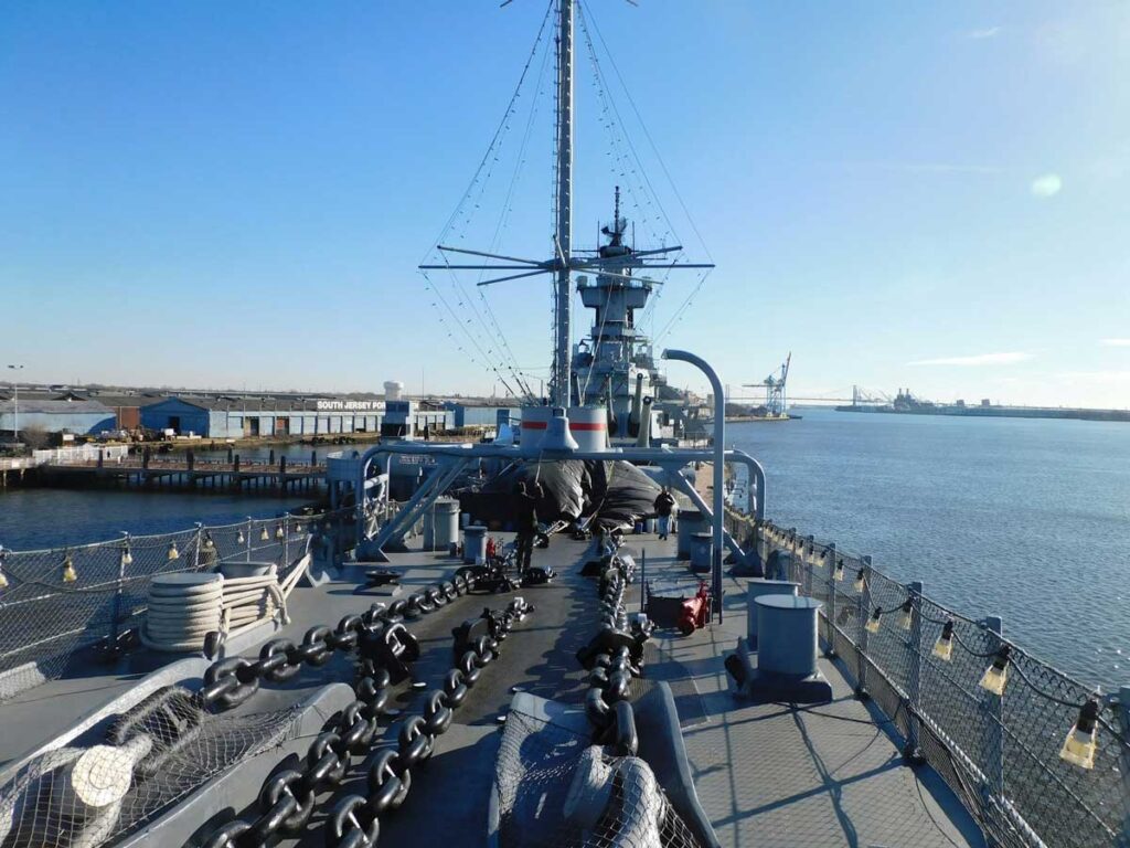 The Battleship New Jersey across the Delaware River from Philadelphia, Pennsylvania.