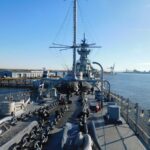 The Battleship New Jersey across the Delaware River from Philadelphia, Pennsylvania.