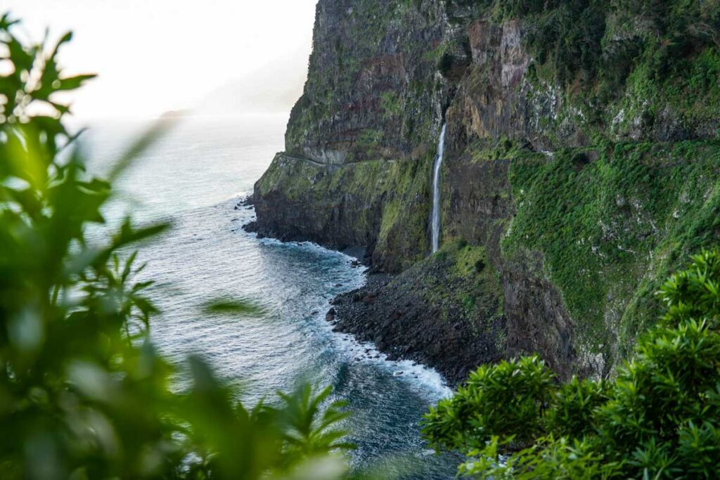 Véu da Noiva waterfall as seen from the Miradouro do Véu da Noiva in Madeira, Portugal.
