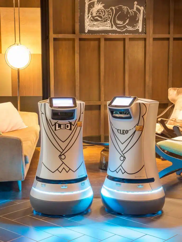Leo and Cleo, the room service robots at Hotel EMC2 in Chicago.
