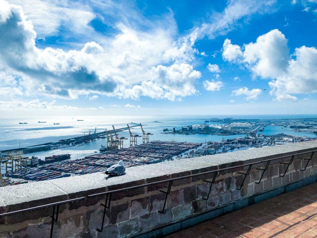 The port view from Montjuic Castle in Barcelona, Spain.