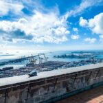 The port view from Montjuic Castle in Barcelona, Spain.