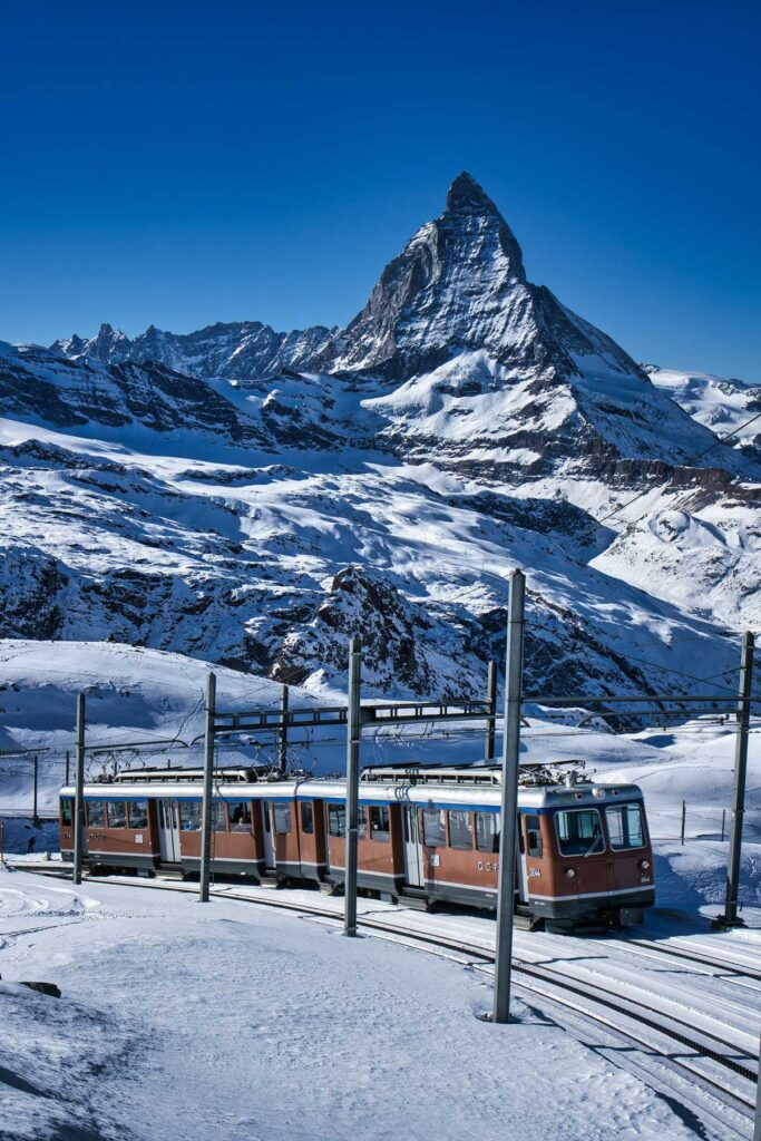The Gornergrat Railway in the shadow of the Matterhorn, Switzerland.