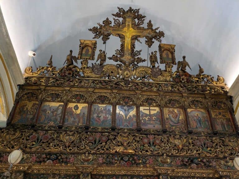 The iconostasis inside Panagia Tourliani Monastery, Mykonos.